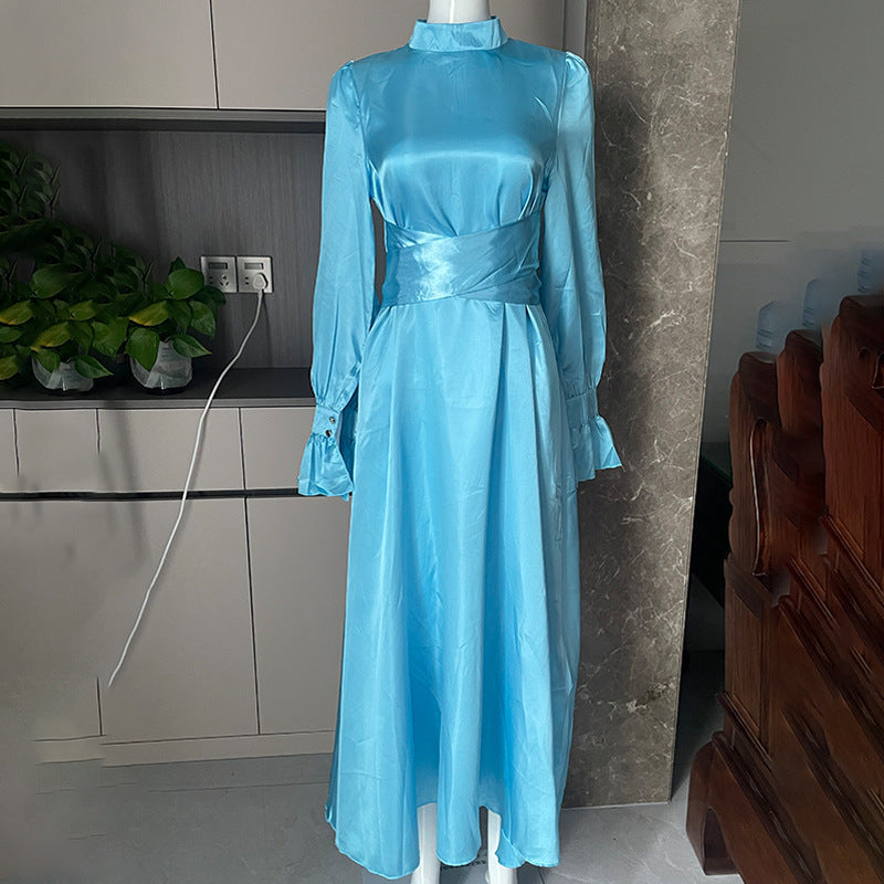 Round Neck Ruffle Sleeve Drawstring High Waist Cross Overlay Strap Elegant Slim Fit Dress - ANIBEY