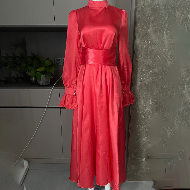 Round Neck Ruffle Sleeve Drawstring High Waist Cross Overlay Strap Elegant Slim Fit Dress - ANIBEY