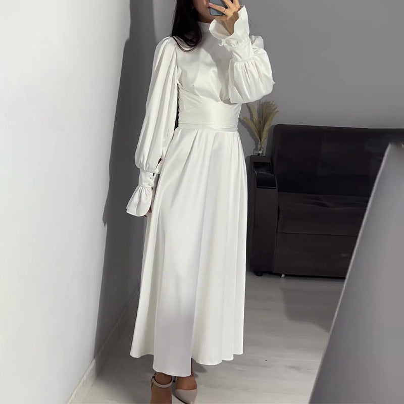 Round Neck Ruffle Sleeve Drawstring High Waist Cross Overlay Strap Elegant Slim Fit Dress - ANIBEY