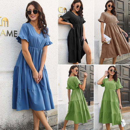 Ruffled Dress Short Sleeve V-neck Layered Large Swing Women's Chiffon Summer New - ANIBEY