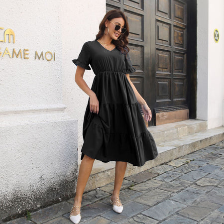 Ruffled Dress Short Sleeve V-neck Layered Large Swing Women's Chiffon Summer New - ANIBEY