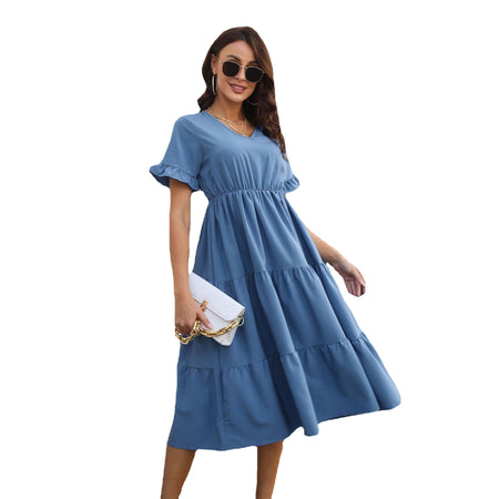 Ruffled Dress Short Sleeve V-neck Layered Large Swing Women's Chiffon Summer New - ANIBEY