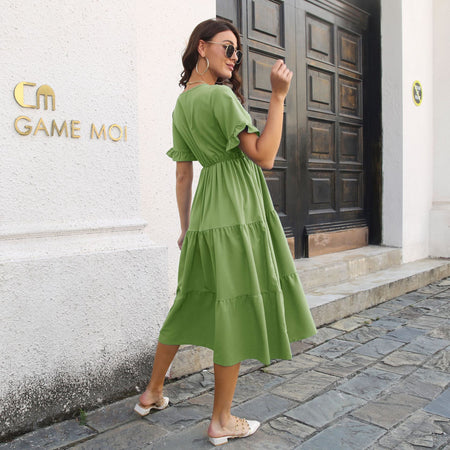 Ruffled Dress Short Sleeve V-neck Layered Large Swing Women's Chiffon Summer New - ANIBEY