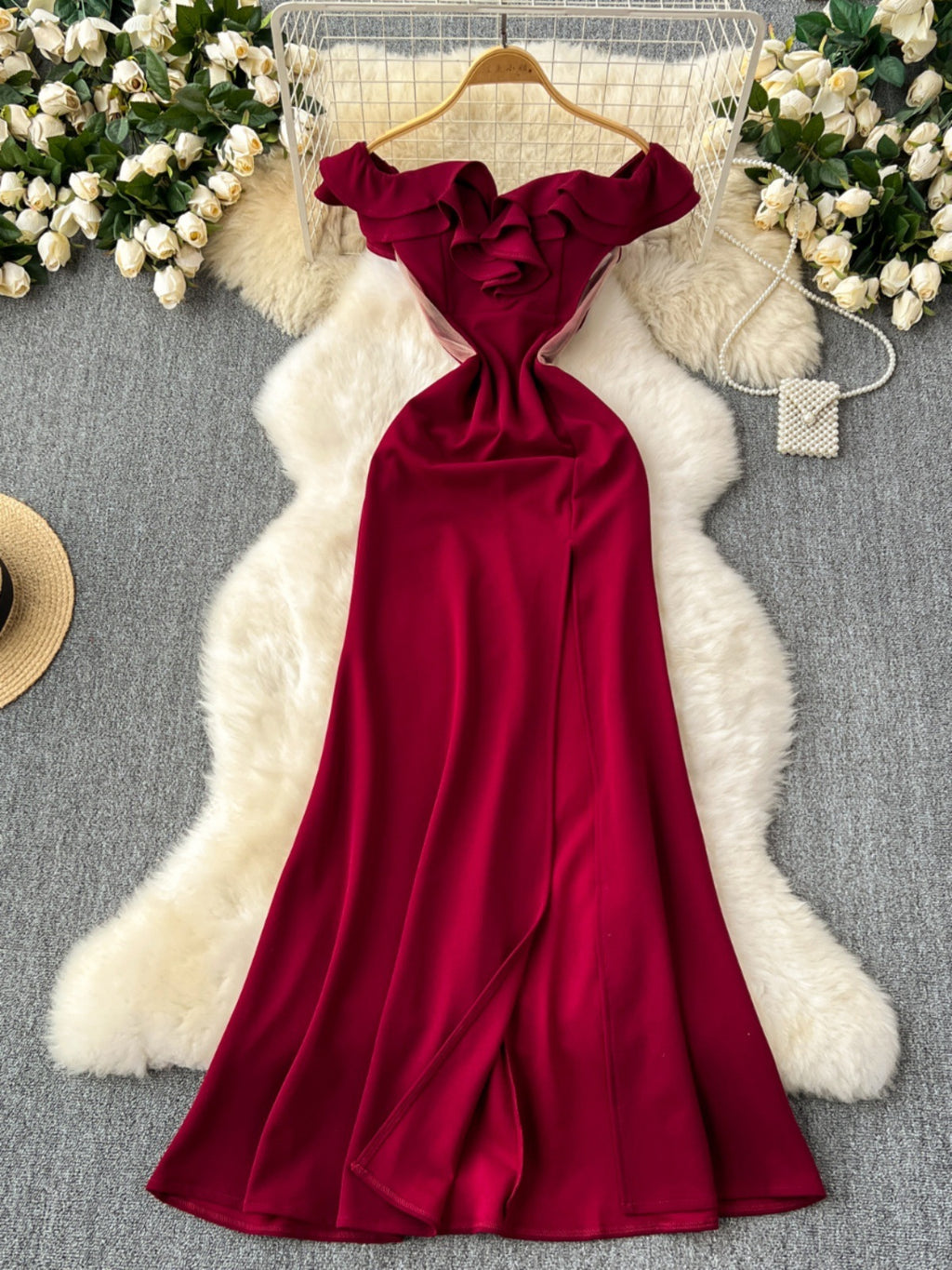Ruffled Patchwork Waist-slimming High Slit Long Cocktail Party Dress - ANIBEY