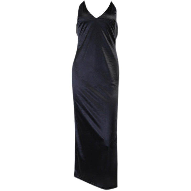Satin Maxi Dress Women Sexy Black Backless Split Party Dresses Off Shoulder V Neck - ANIBEY