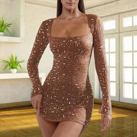 Sequin Colorful Sequined Micro-elastic Tight Sleeveless Square Collar Dress - ANIBEY