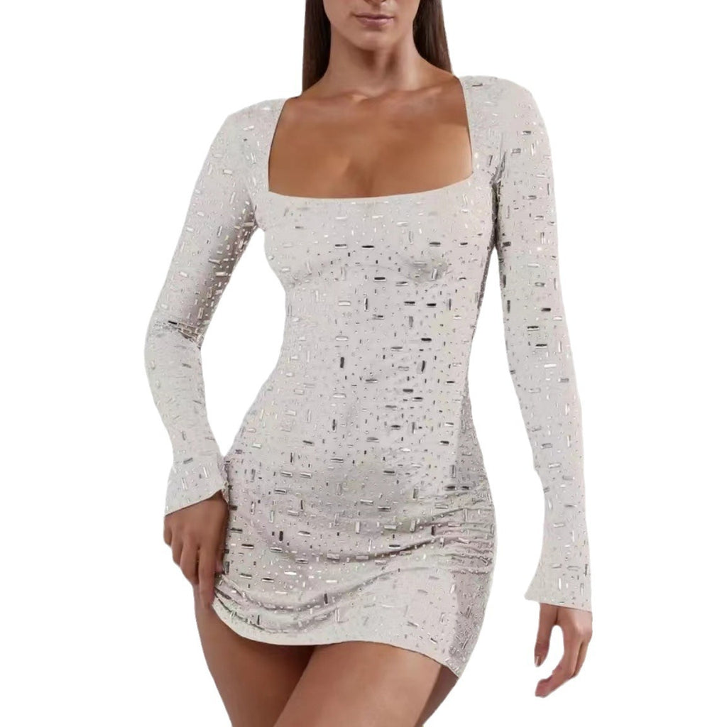 Sequin Colorful Sequined Micro-elastic Tight Sleeveless Square Collar Dress - ANIBEY
