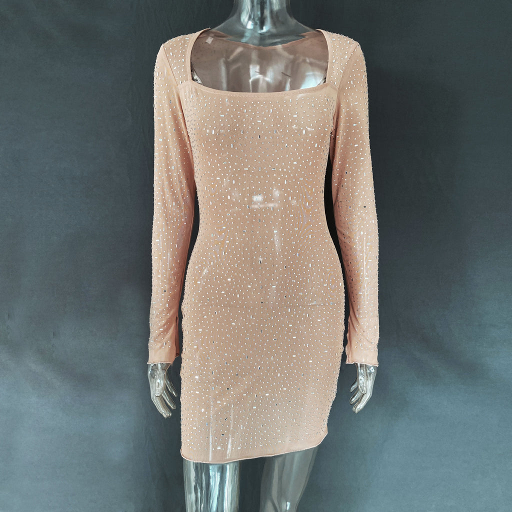 Sequin Colorful Sequined Micro-elastic Tight Sleeveless Square Collar Dress - ANIBEY