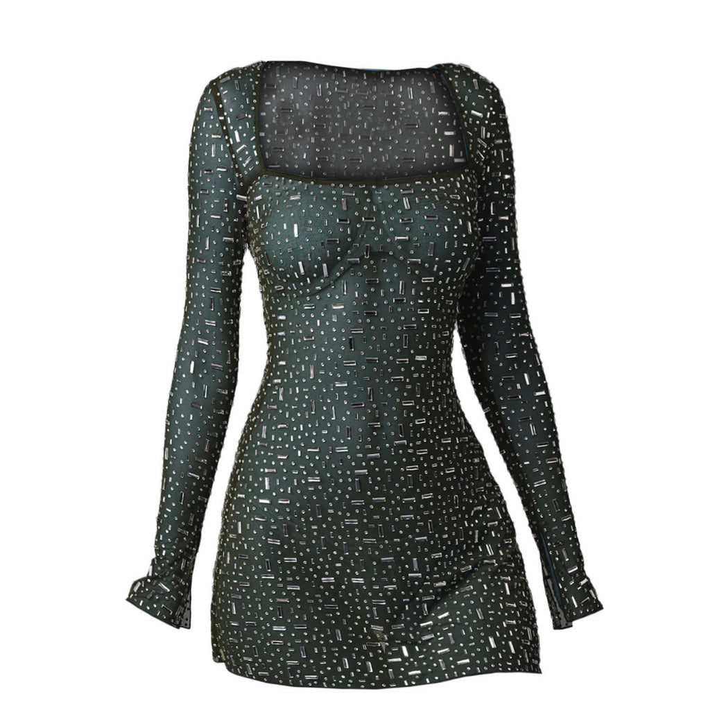 Sequin Colorful Sequined Micro-elastic Tight Sleeveless Square Collar Dress - ANIBEY