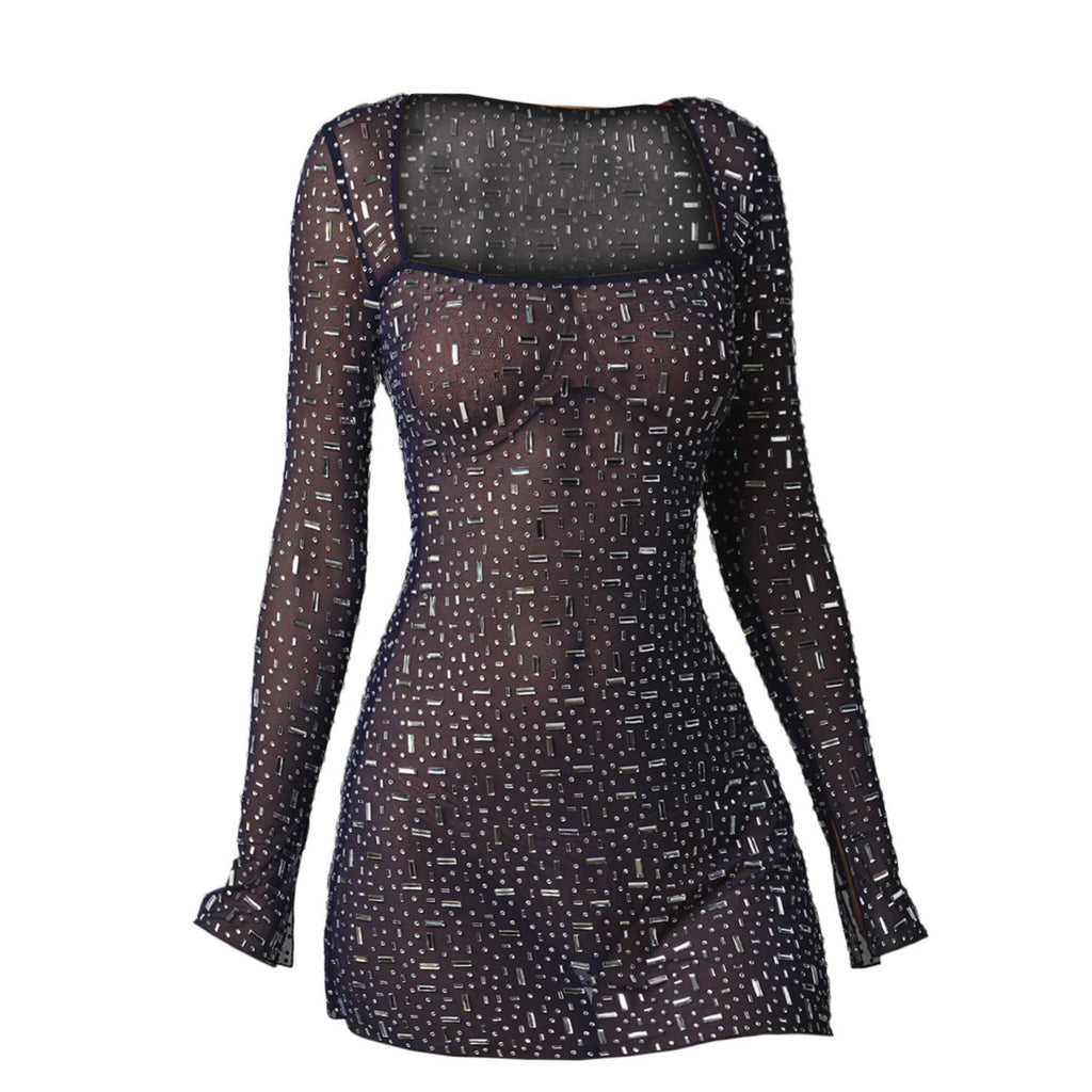Sequin Colorful Sequined Micro-elastic Tight Sleeveless Square Collar Dress - ANIBEY