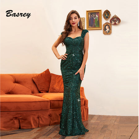 Sequin Sling Mid Waist Party Evening Dress Long Mop Dress - ANIBEY