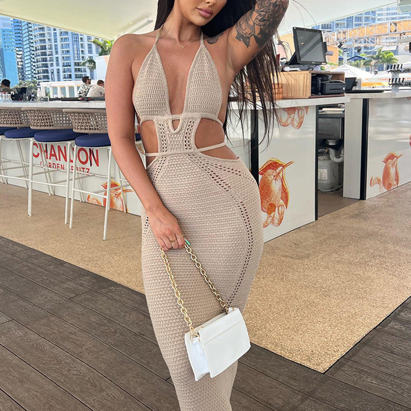 Sexy Backless Halter Long Dress V-neck Hollow Splicing Package Hip Skirt - ANIBEY