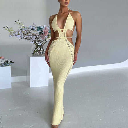 Sexy Backless Halter Long Dress V-neck Hollow Splicing Package Hip Skirt - ANIBEY