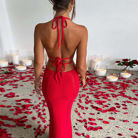Sexy Backless Halter Long Dress V-neck Hollow Splicing Package Hip Skirt - ANIBEY