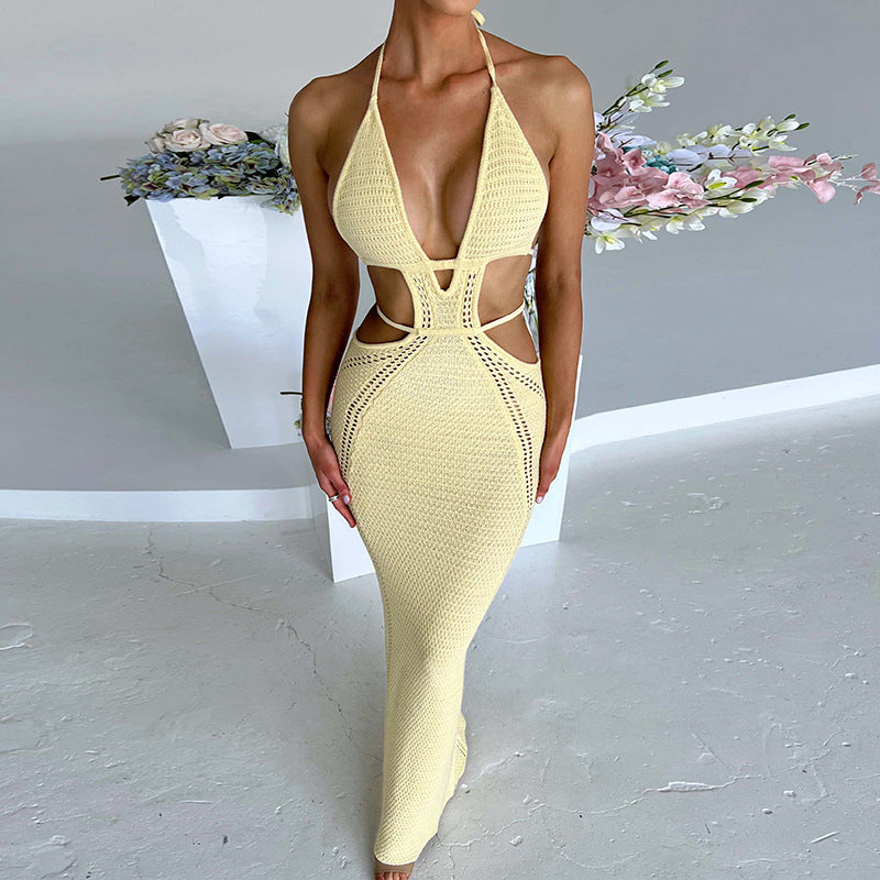 Sexy Backless Halter Long Dress V-neck Hollow Splicing Package Hip Skirt - ANIBEY