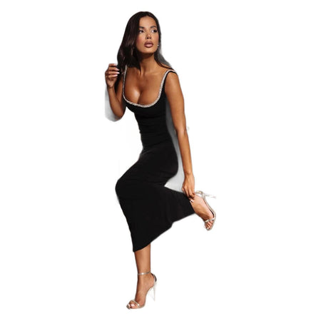 Sexy Sleeveless U-neck Rhinestone Slim-fit Solid Color Temperament Dress - ANIBEY