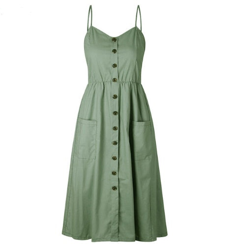 Sexy Suspender Button Pocket Halter Dress - ANIBEY