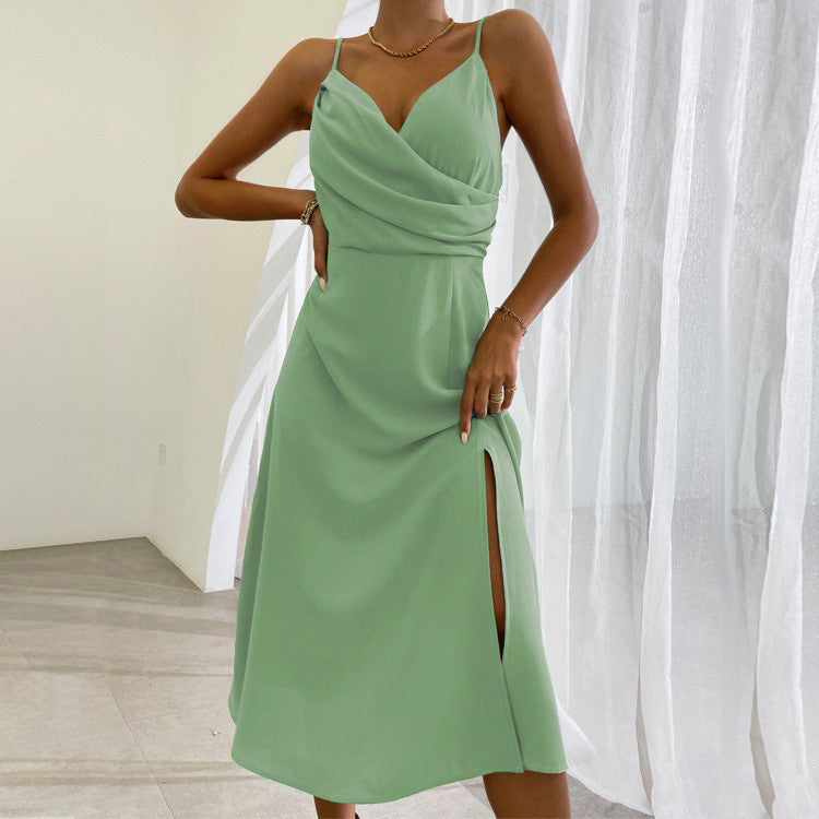 Sexy V-neck Strap Slit Fashionable Slim Dress - ANIBEY