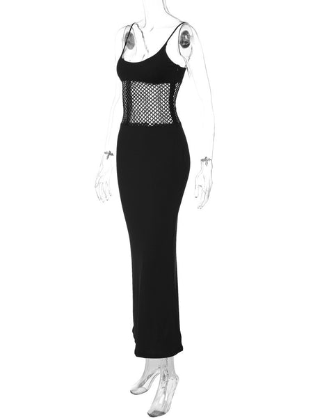 Sheer Mesh Slim Fit Patchwork Hip Spaghetti Straps Dress - ANIBEY