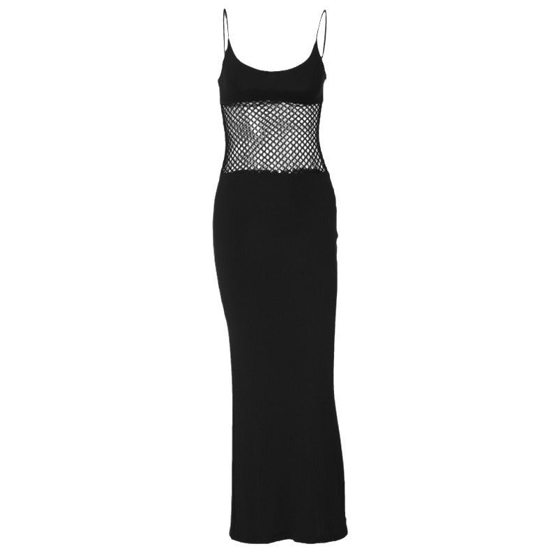 Sheer Mesh Slim Fit Patchwork Hip Spaghetti Straps Dress - ANIBEY