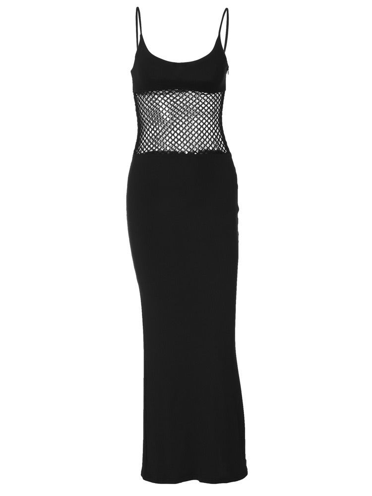 Sheer Mesh Slim Fit Patchwork Hip Spaghetti Straps Dress - ANIBEY