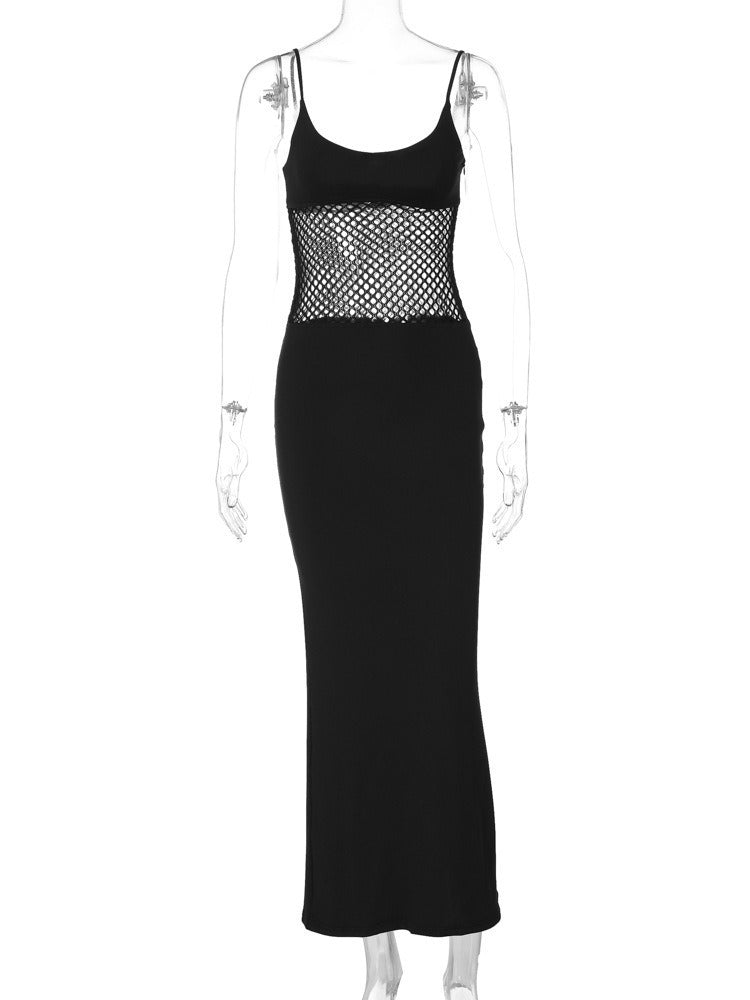 Sheer Mesh Slim Fit Patchwork Hip Spaghetti Straps Dress - ANIBEY