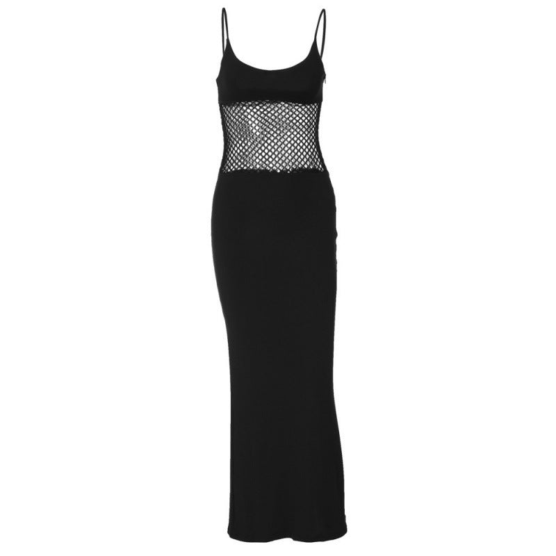 Sheer Mesh Slim Fit Patchwork Hip Spaghetti Straps Dress - ANIBEY