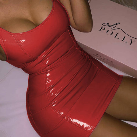 Sleeveless Faux Leather Zippered PU High Elastic Pack Hip Dress - ANIBEY
