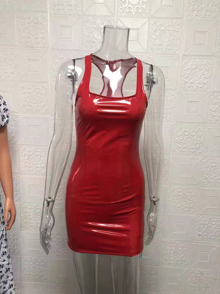 Sleeveless Faux Leather Zippered PU High Elastic Pack Hip Dress - ANIBEY