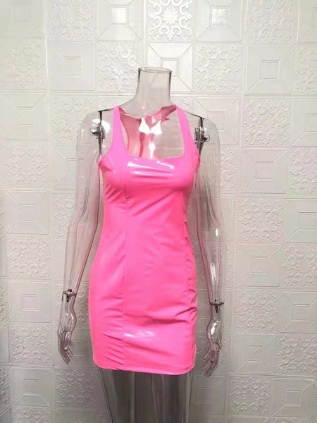 Sleeveless Faux Leather Zippered PU High Elastic Pack Hip Dress - ANIBEY