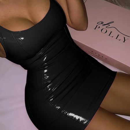 Sleeveless Faux Leather Zippered PU High Elastic Pack Hip Dress - ANIBEY