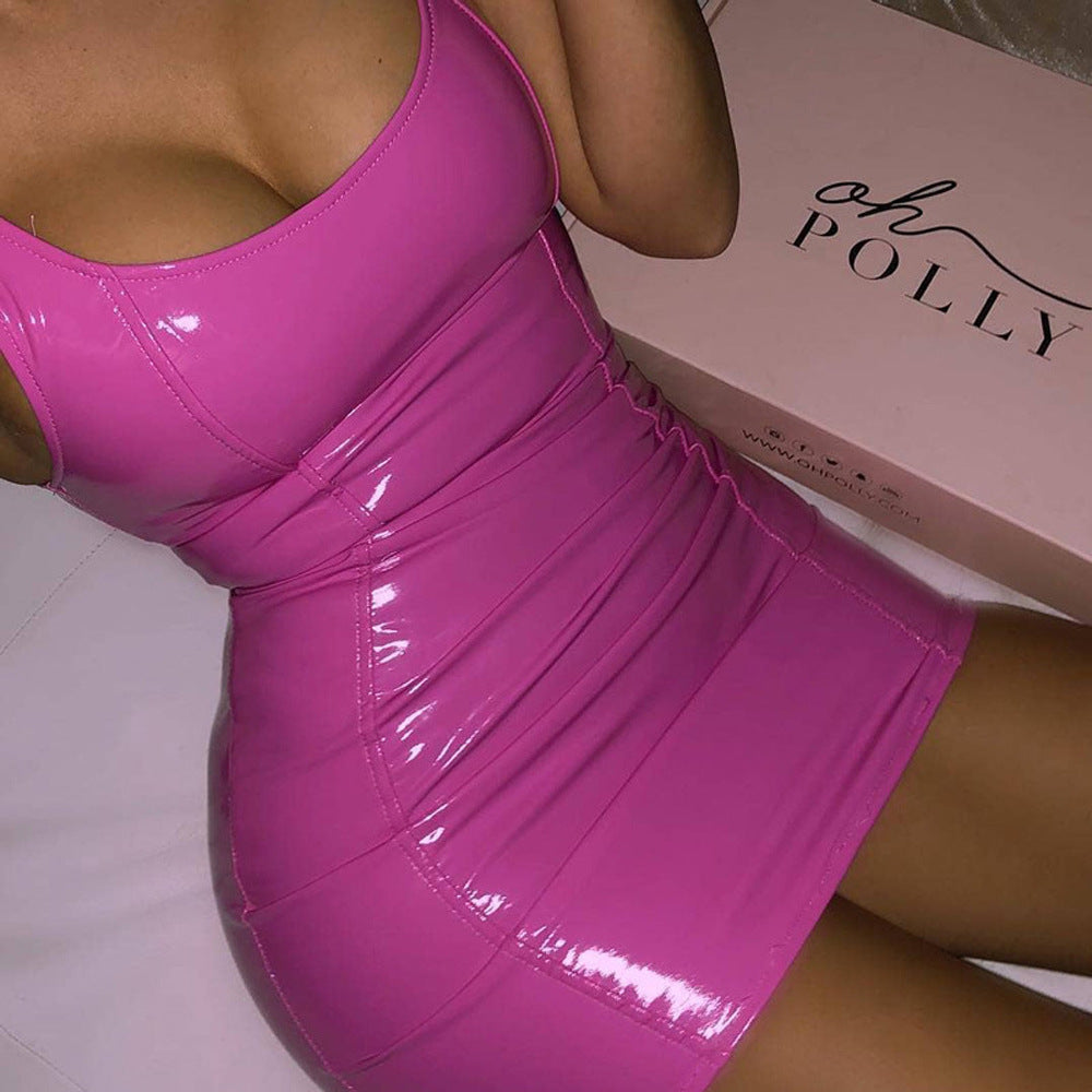 Sleeveless Faux Leather Zippered PU High Elastic Pack Hip Dress - ANIBEY