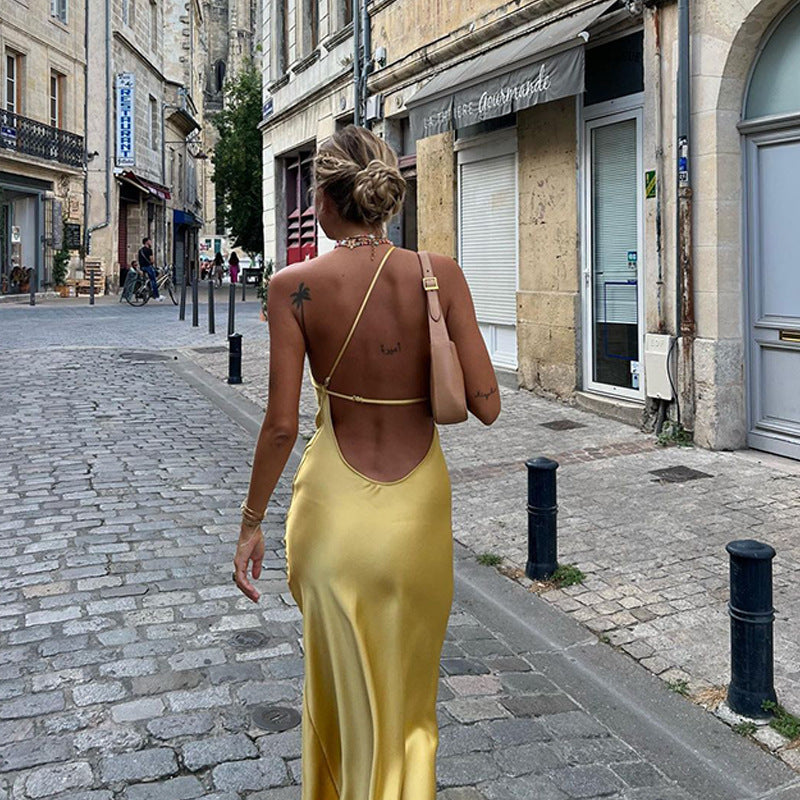 Slim-fit Shoulder Solid Color Backless Long Dress - ANIBEY