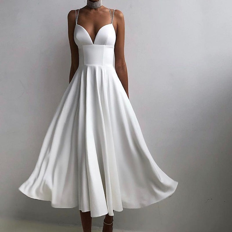 Slimming Solid Color Suspender Dress - ANIBEY