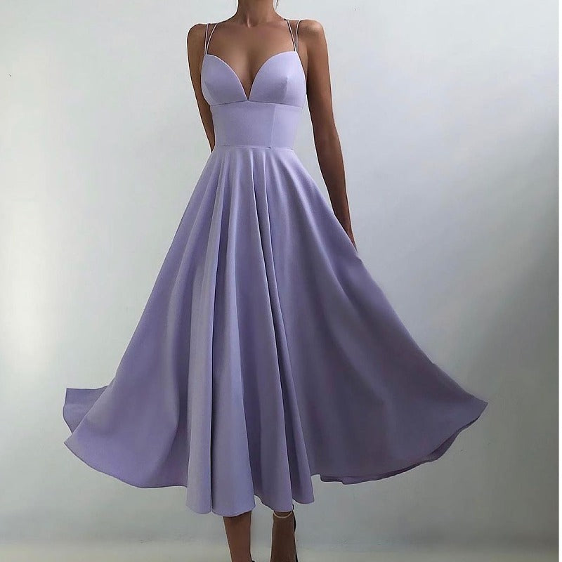 Slimming Solid Color Suspender Dress - ANIBEY