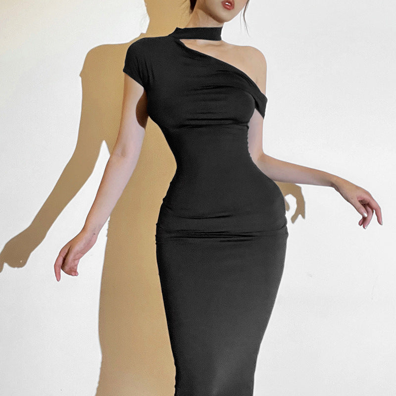Solid Color One-shoulder Cold-shoulder Slim Fit Dress - ANIBEY