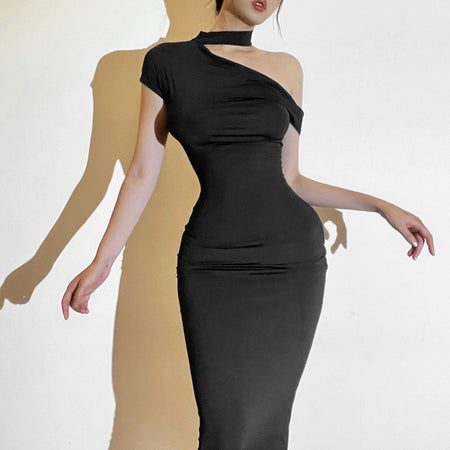 Solid Color One-shoulder Cold-shoulder Slim Fit Dress - ANIBEY