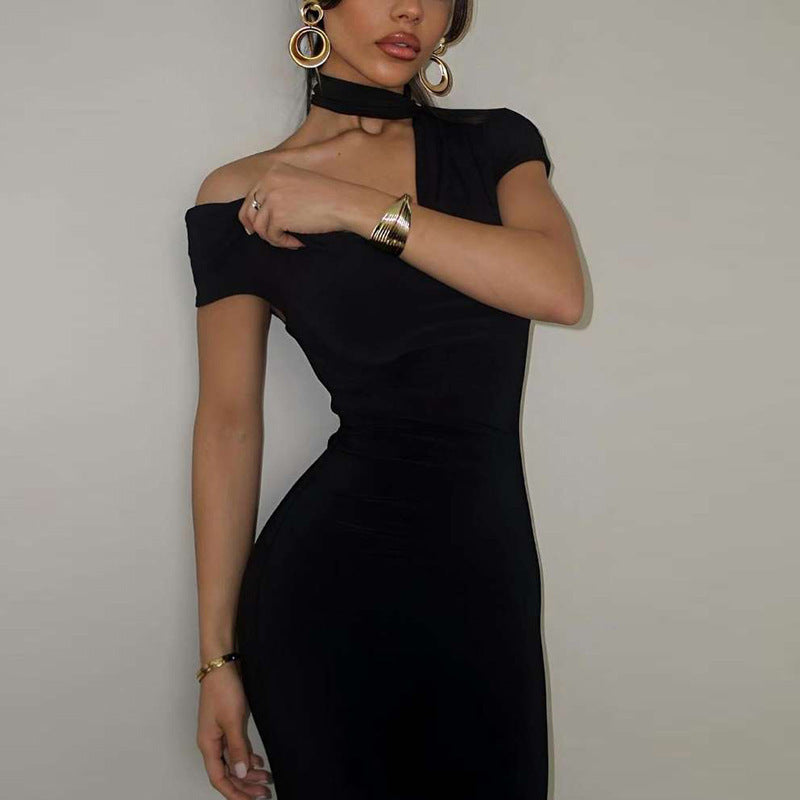 Solid Color One-shoulder Cold-shoulder Slim Fit Dress - ANIBEY