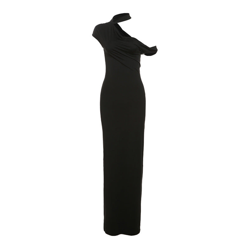 Solid Color One-shoulder Cold-shoulder Slim Fit Dress - ANIBEY