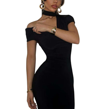 Solid Color One-shoulder Cold-shoulder Slim Fit Dress - ANIBEY