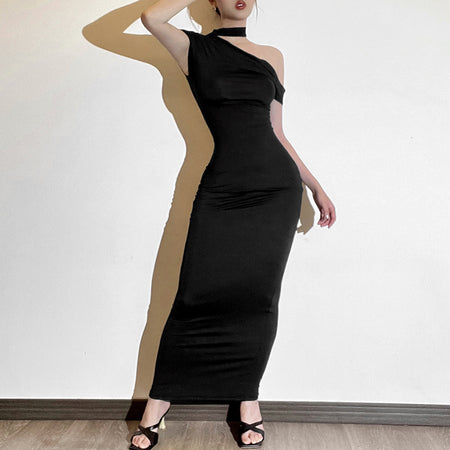 Solid Color One-shoulder Cold-shoulder Slim Fit Dress - ANIBEY