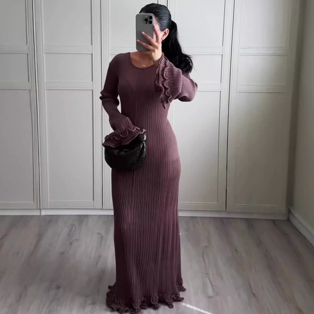 Solid Color Round Neck Long Sleeve Slim Fit Stringy Selvedge Dress - ANIBEY