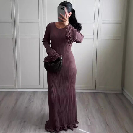 Solid Color Round Neck Long Sleeve Slim Fit Stringy Selvedge Dress - ANIBEY