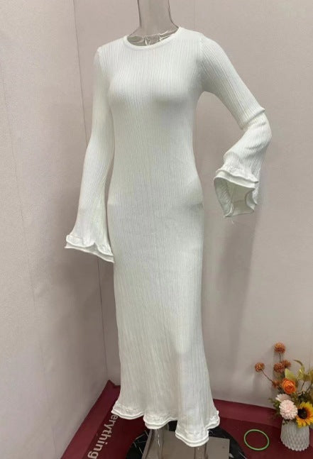 Solid Color Round Neck Long Sleeve Slim Fit Stringy Selvedge Dress - ANIBEY