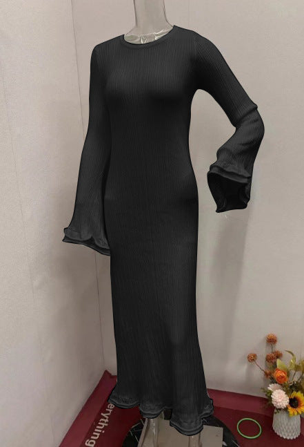 Solid Color Round Neck Long Sleeve Slim Fit Stringy Selvedge Dress - ANIBEY