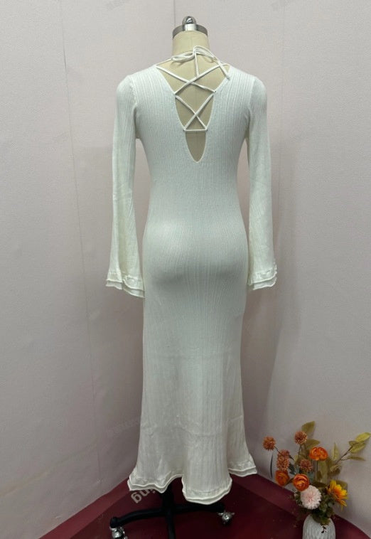 Solid Color Round Neck Long Sleeve Slim Fit Stringy Selvedge Dress - ANIBEY