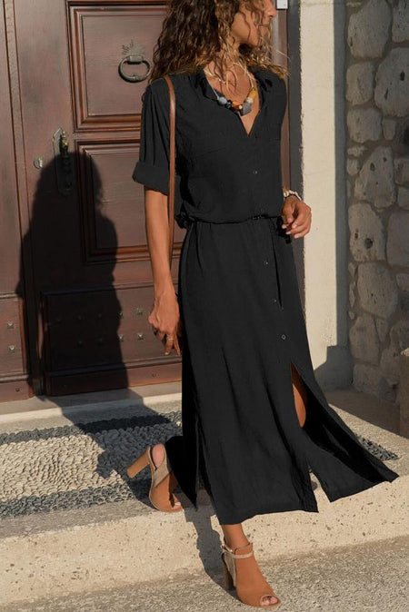 Spring European And American Style Fashion New Solid Color Loose Stand Collar Long Sleeve Split Long Skirt - ANIBEY