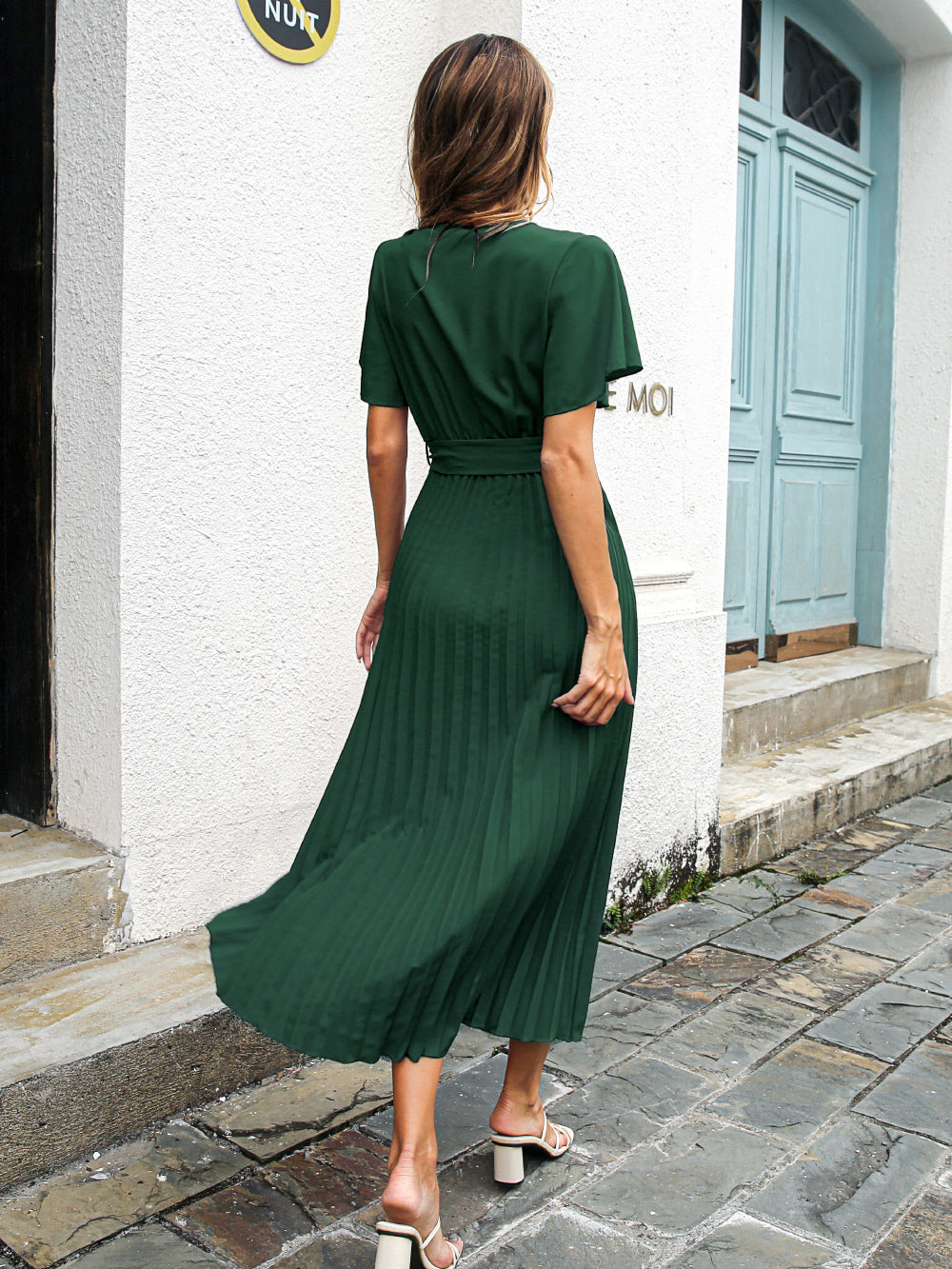 Spring Summer Casual Lotus Leaf Sleeves Lace-up Pleated Chiffon Maxi Dress - ANIBEY