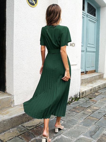 Spring Summer Casual Lotus Leaf Sleeves Lace-up Pleated Chiffon Maxi Dress - ANIBEY