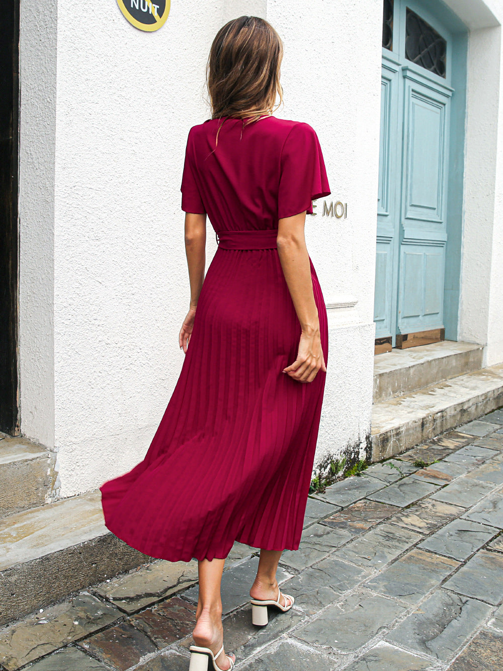 Spring Summer Casual Lotus Leaf Sleeves Lace-up Pleated Chiffon Maxi Dress - ANIBEY